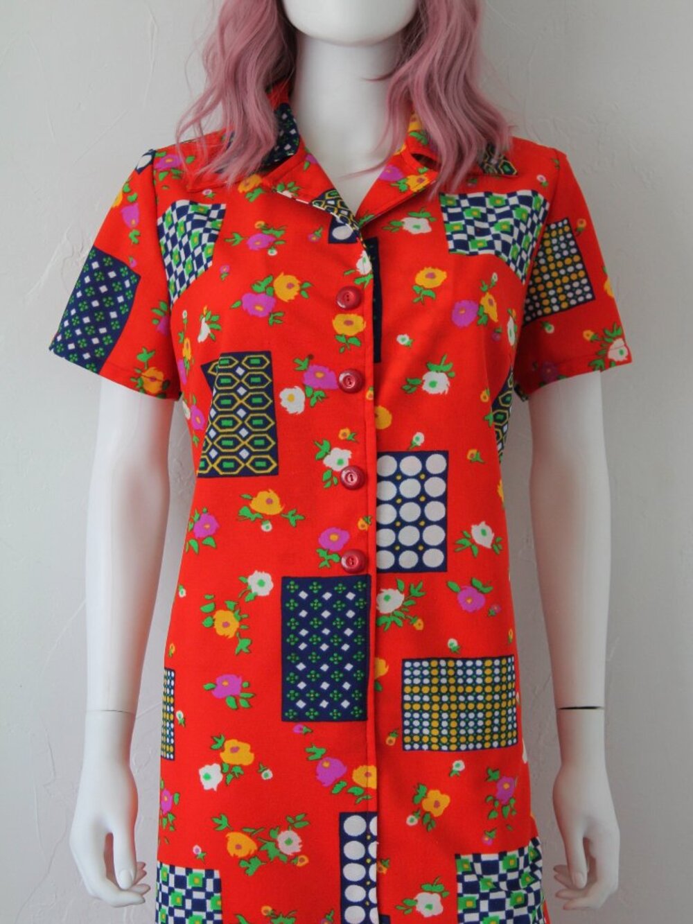 Vintage 1970s Bright Red Patchwork Print House Dress – Retro Geometric & Floral - Picture 2 of 4